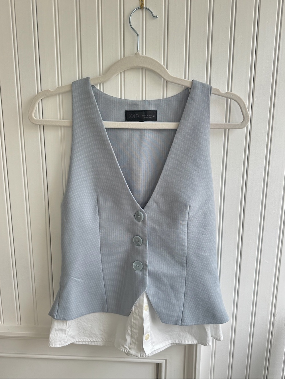 Zara Light Blue Pinstripe Button Front Vest Top